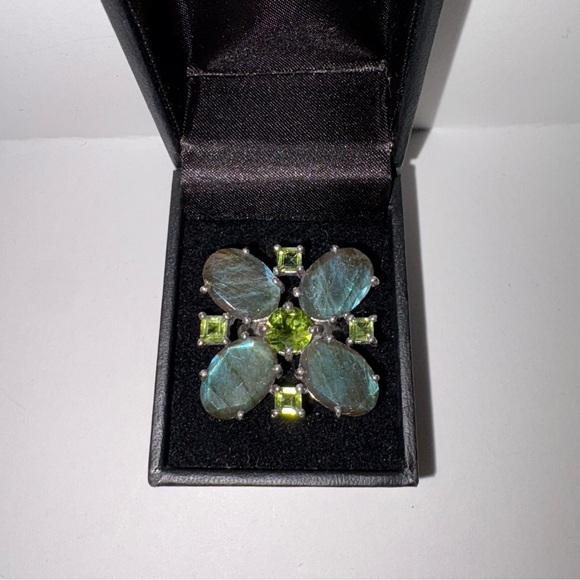 925 Sterling Silver Labradorite Peridot Green Gemstone Large Cluster Ring Size 7 - Picture 2 of 3